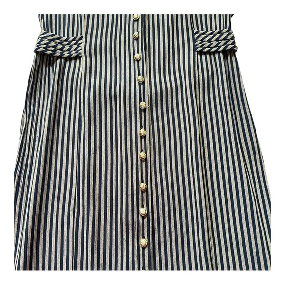 VINTAGE MISS DORBY Striped Fitted Midi Dress | Size M | Navy & Tan | 80s Office - Picture 6 of 16